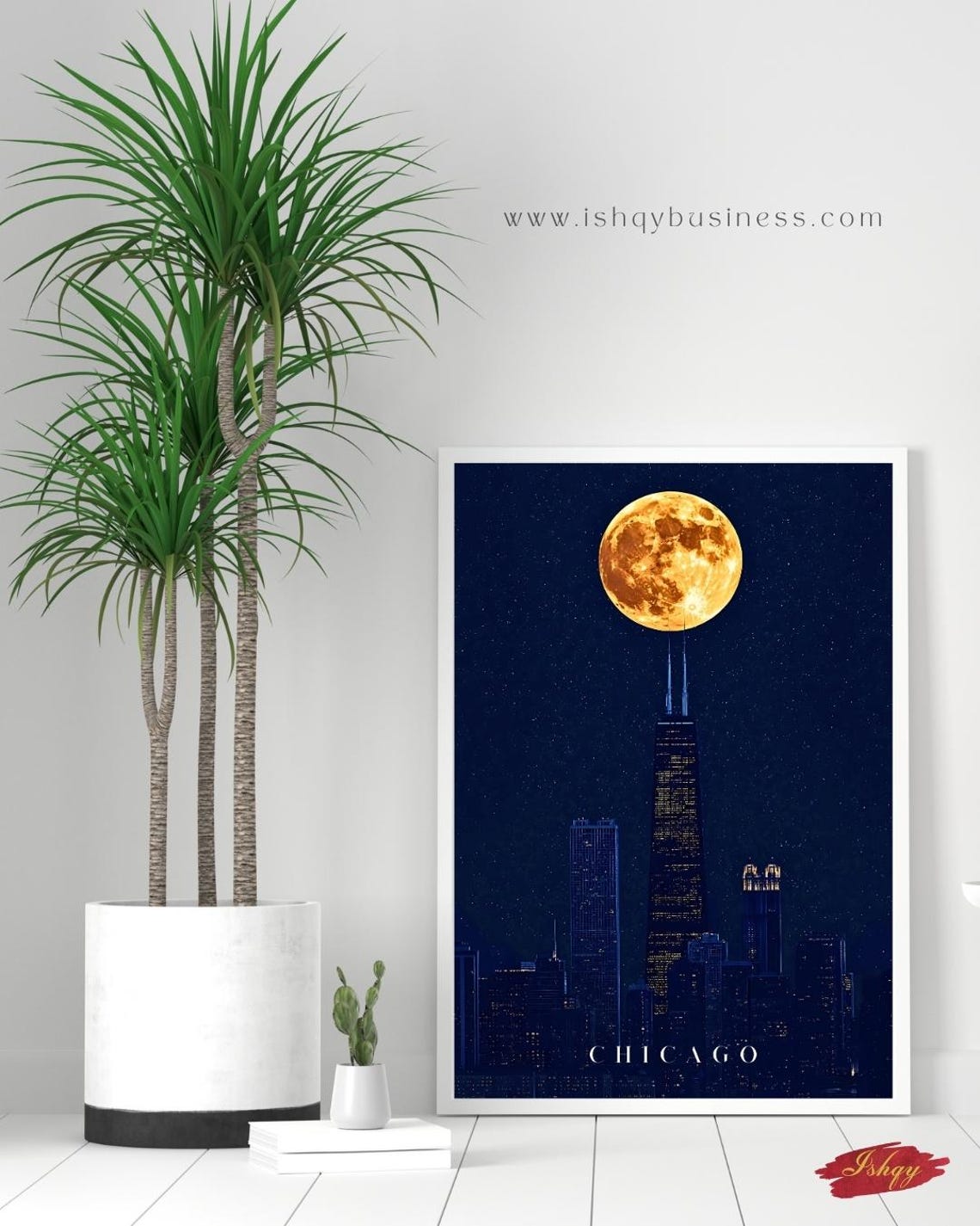 Chicago Skyline Night Full Moon Over Willis Tower City Poster - Image 6