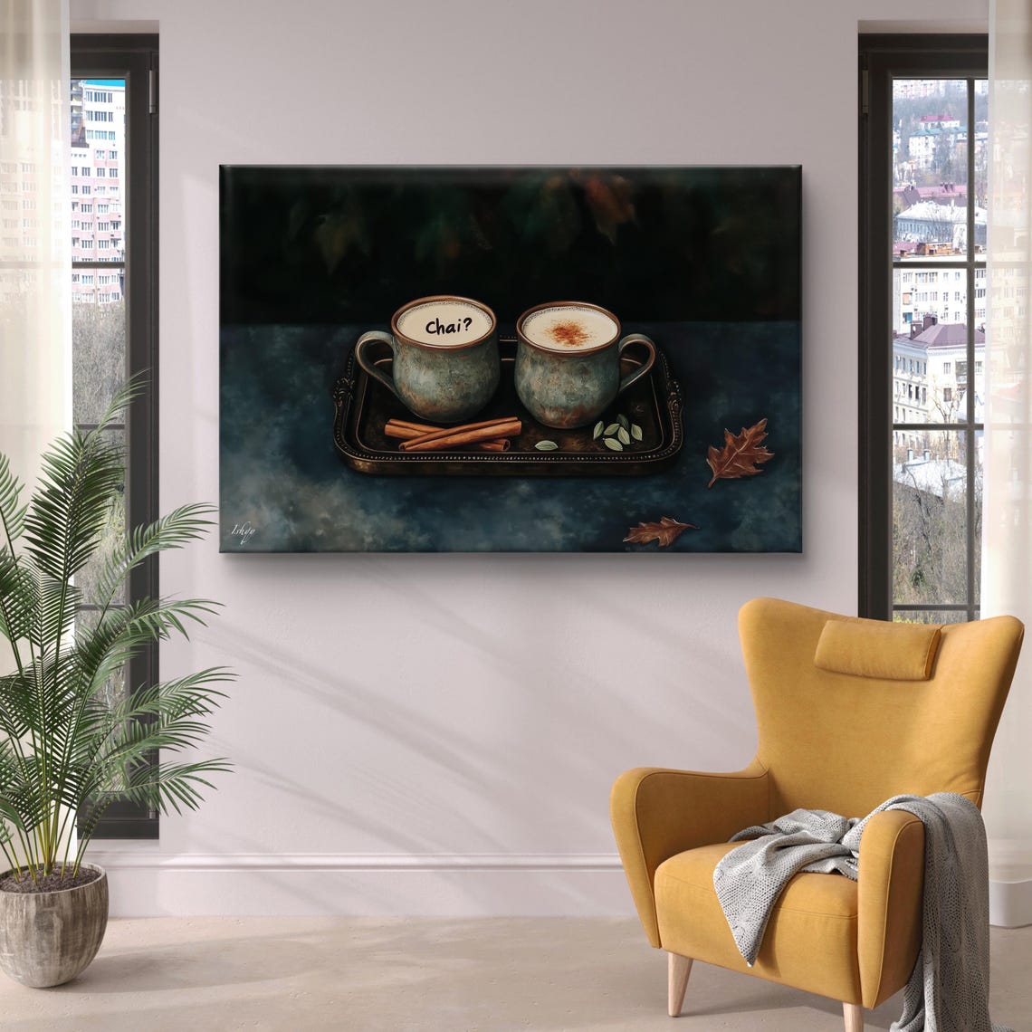 Two Steaming Chai Mugs Cinnamon Sticks Autumn Leaves Kitchen Poster - Image 4