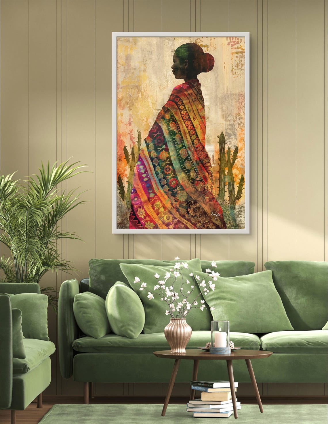 Mexican Woman in Profile with Embroidered Serape and Cacti Poster - Image 4