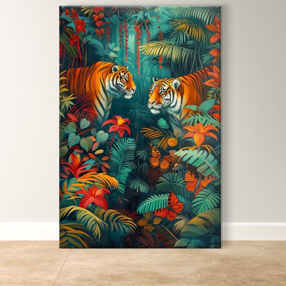 Two Tigers Facing Off In Lush Tropical Jungle Butterfly Art Poster