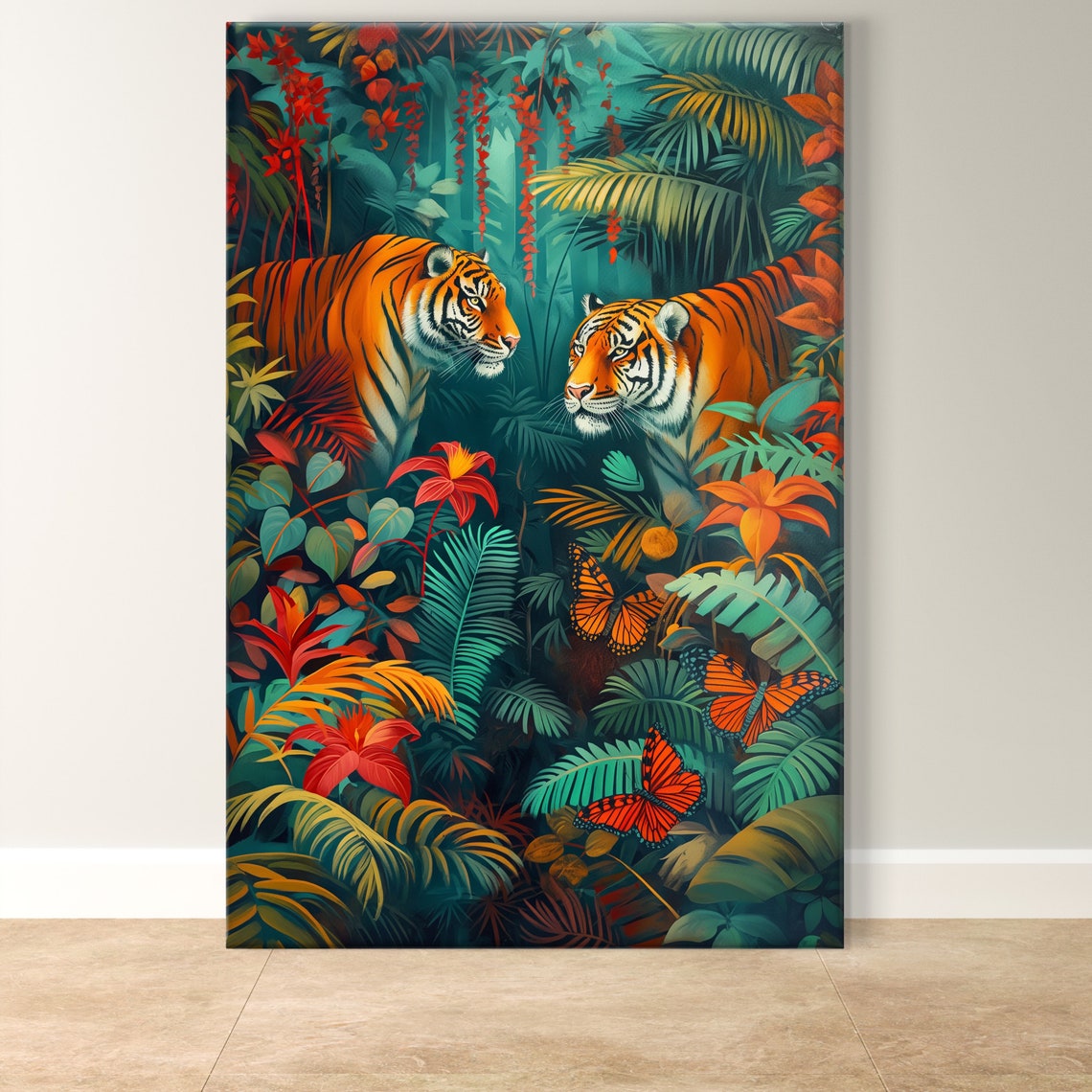 Two Tigers Facing Off In Lush Tropical Jungle Butterfly Art Poster