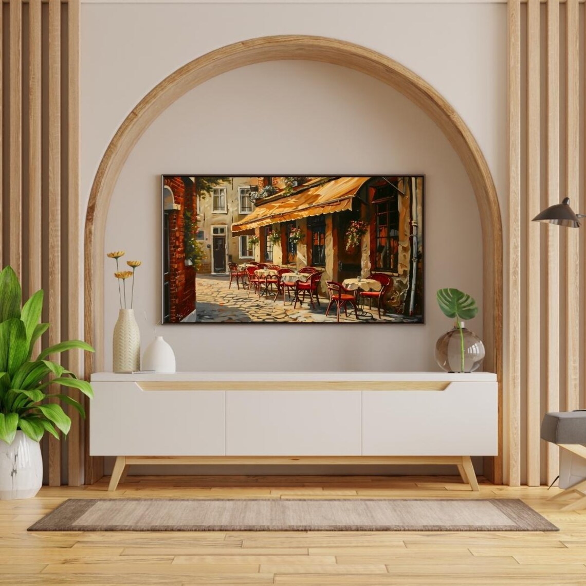 European Street Cafe Scene with Red Chairs in Old Town Poster - Image 2