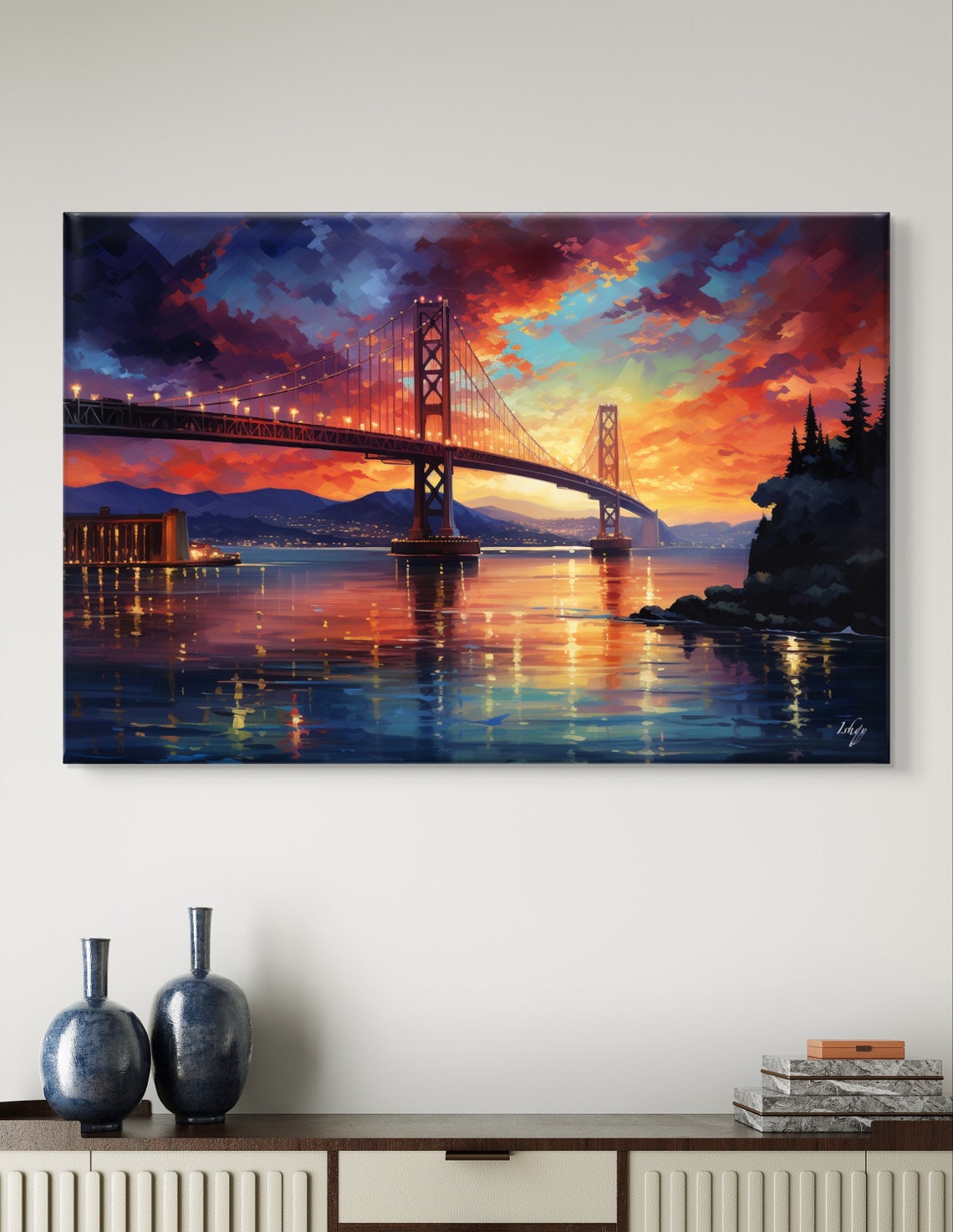 San Francisco Bay Bridge at Fiery Sunset Over Sparkling Water Poster - Image 4