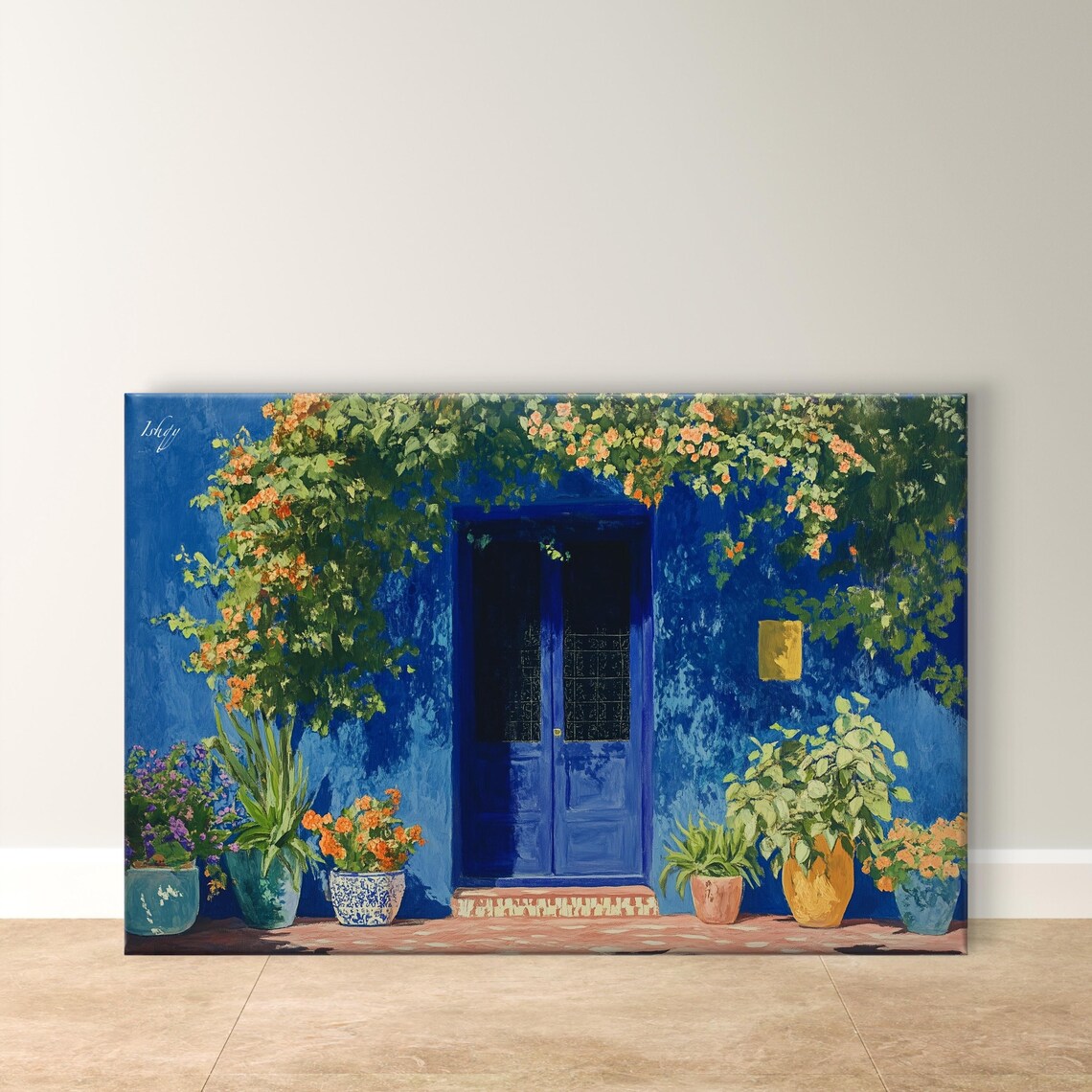 Cobalt Blue Moroccan Doorway Framed by Flowers Painting Poster