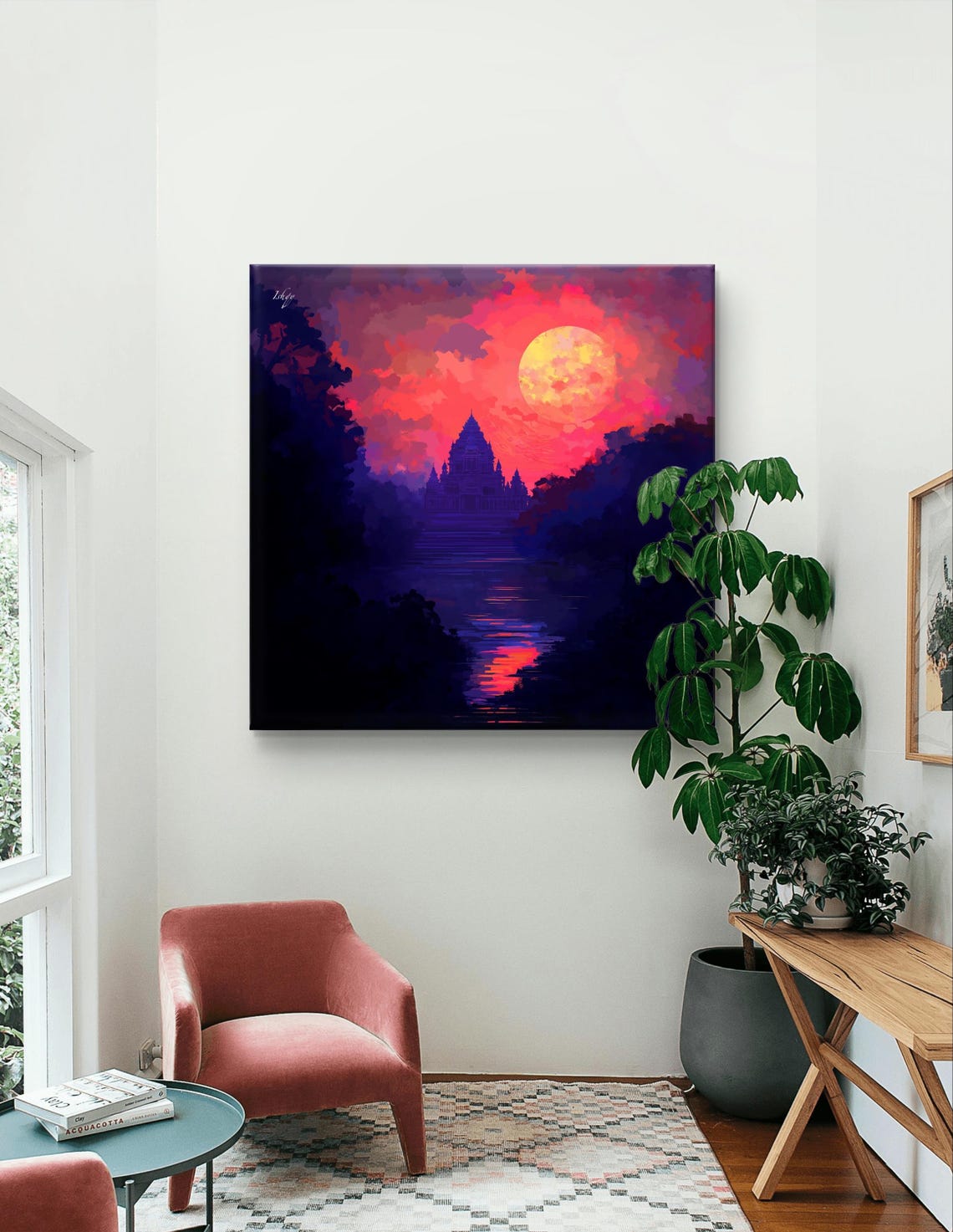 Ancient Temple Silhouette Beneath a Giant Pink Moon Night Poster - Image 5