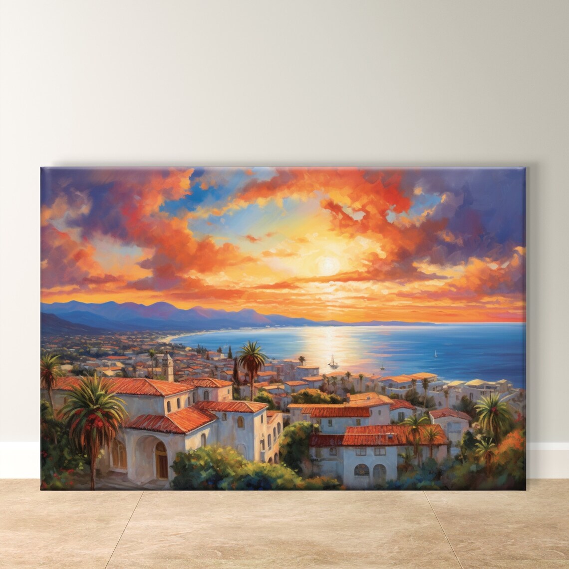 Santa Barbara Coastal Sunset with Red Tile Roofs Panorama Poster