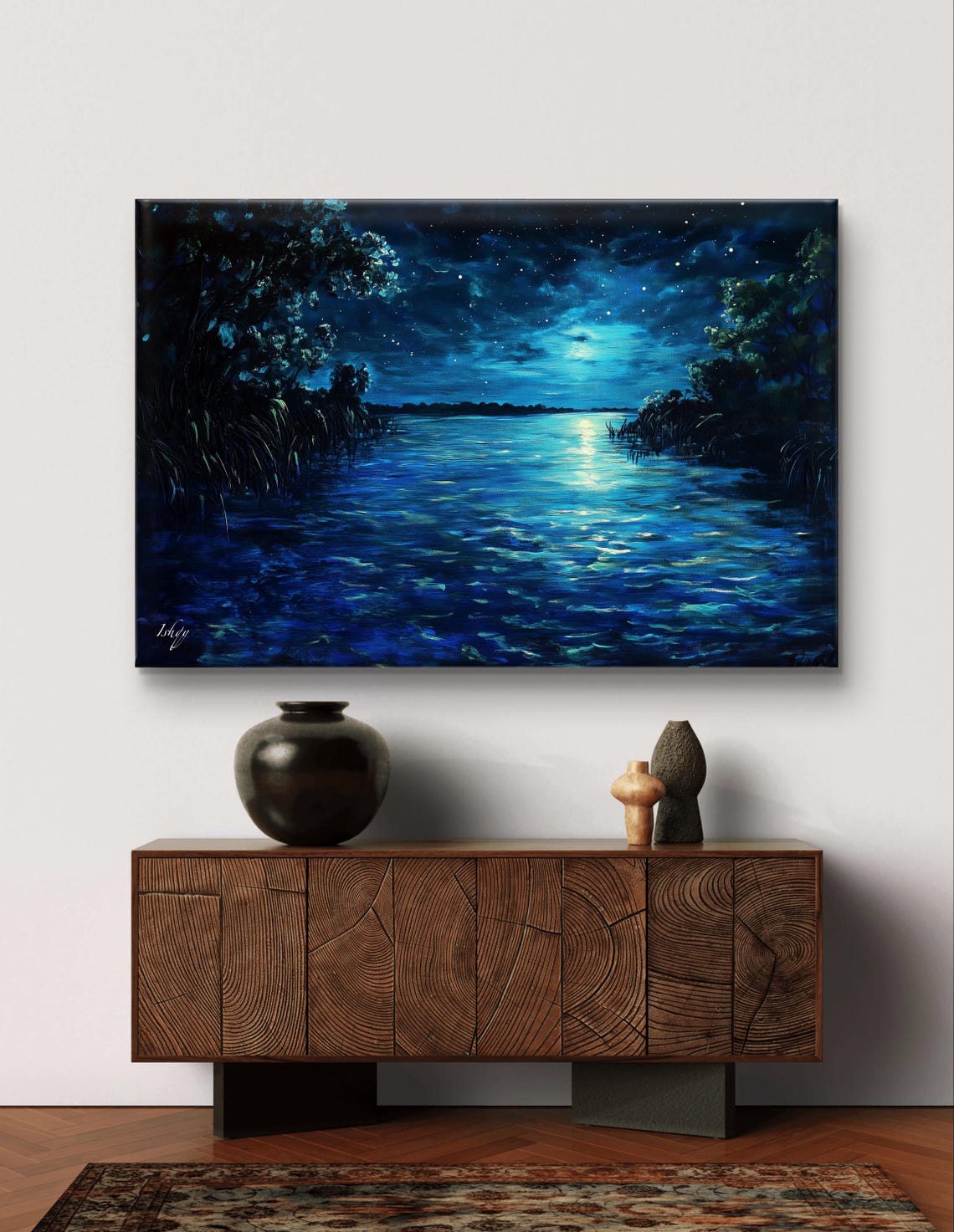 Bioluminescent Night Lake with Moon Reflection Starlit Poster - Image 6