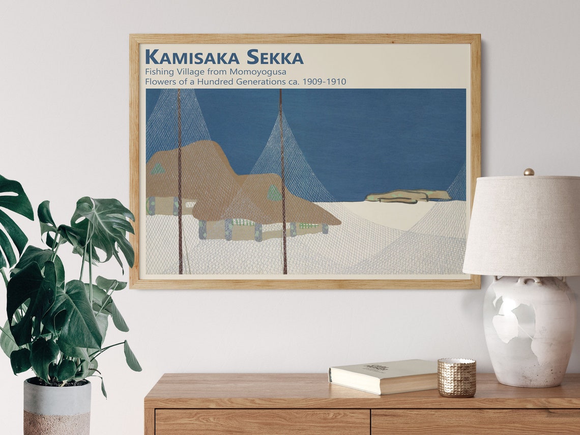 Kamisaka Sekka Japanese Art Print Kamisaka Sekka Fishing Village Painting Momoyogusa Flowers 1910 Blue Artwork For Home Decor - Image 2