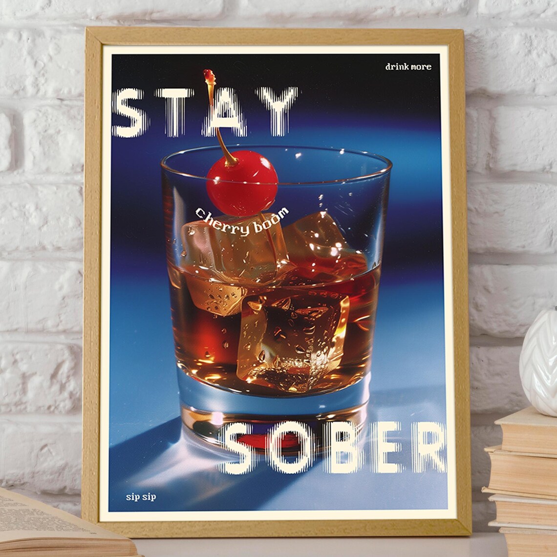 Stay Sober Ironic Cherry Cocktail Playful Retro Bar Humor Wall Art - Image 2