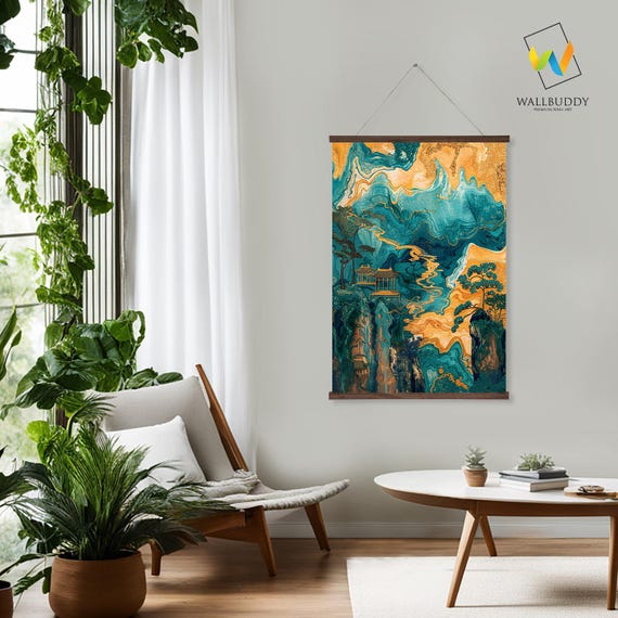 Abstract Zen Mountain Wall Hanging Teal And Gold Landscape Wall Art Decor Printed On Premium With Real Walnut Wooden Hangers