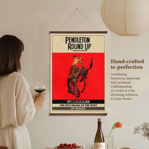 Vintage Pendleton Round Up Wall Hanging Let Er Buck Rodeo Cowboy Artwork Printed On Premium With Real Walnut Wooden Hangers