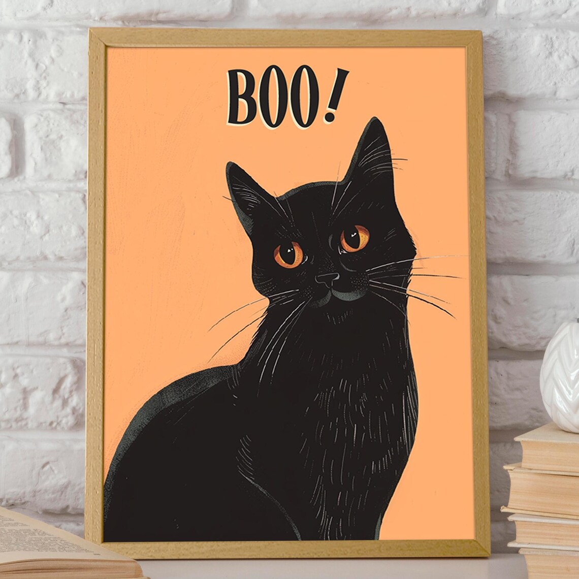 Boo Black Cat Halloween Funny Kitty Orange Background Art Print - Image 2