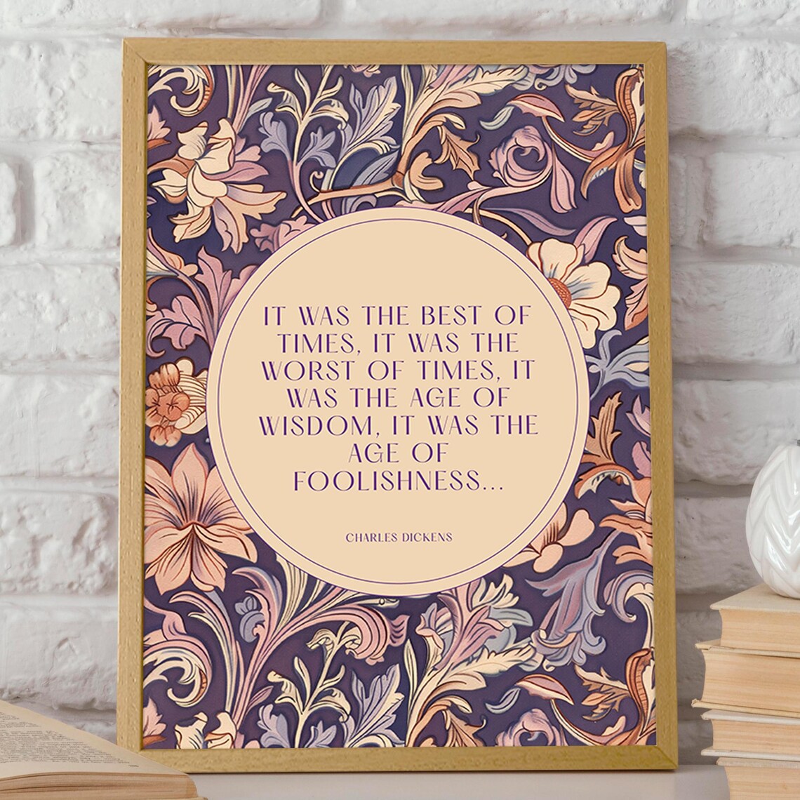 Charles Dickens Best of Times Quote Purple Floral Medallion Poster - Image 2