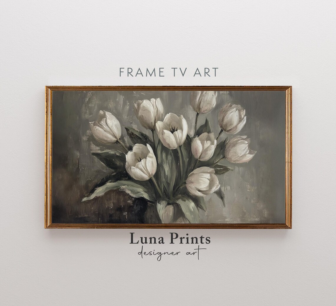White Tulips Bouquet Moody Floral Vintage Oil Painting Frame TV Poster