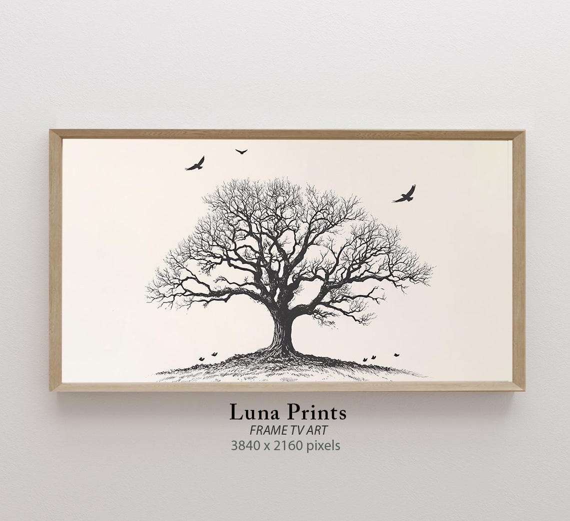 Lone Bare Oak Tree Ink Drawing Minimalist Nature Sketch Wall Art