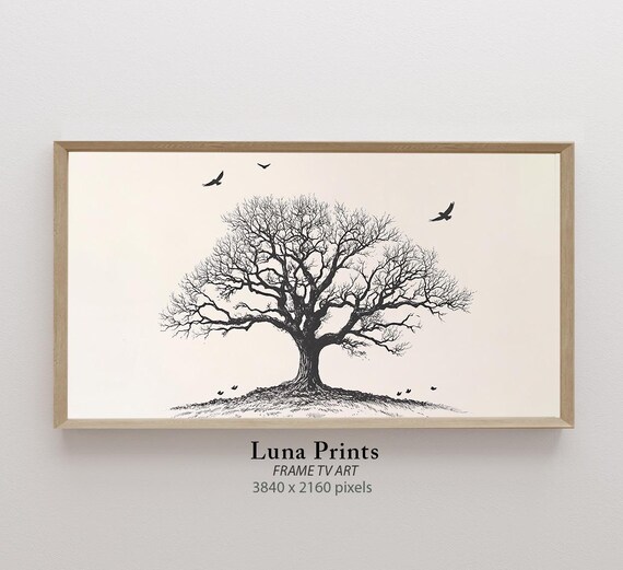Lone Bare Oak Tree Ink Drawing Minimalist Nature Sketch Wall Art
