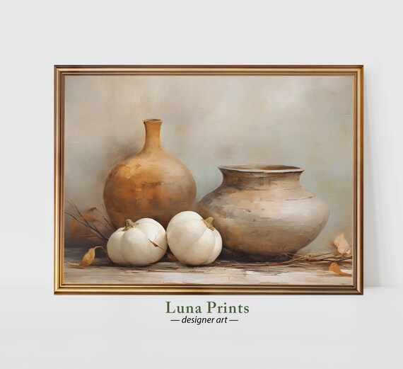 White Pumpkins and Clay Pottery Rustic Autumn Still Life Painting Poster