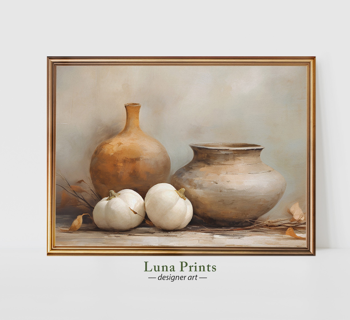 White Pumpkins and Clay Pottery Rustic Autumn Still Life Painting Poster