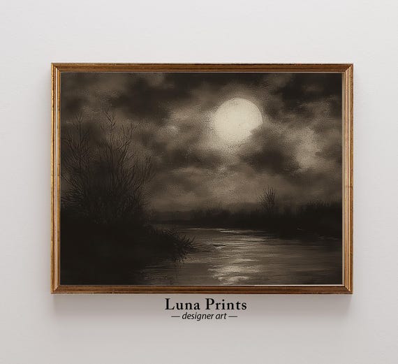 Moody Halloween Landscape Art Print, Full Moon Lake