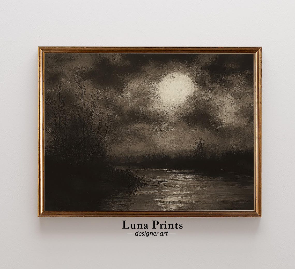 Moody Halloween Landscape Art Print, Full Moon Lake