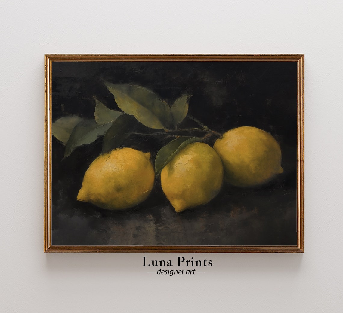 Lemons on Branch Dramatic Black Background Moody Oil Painting Poster