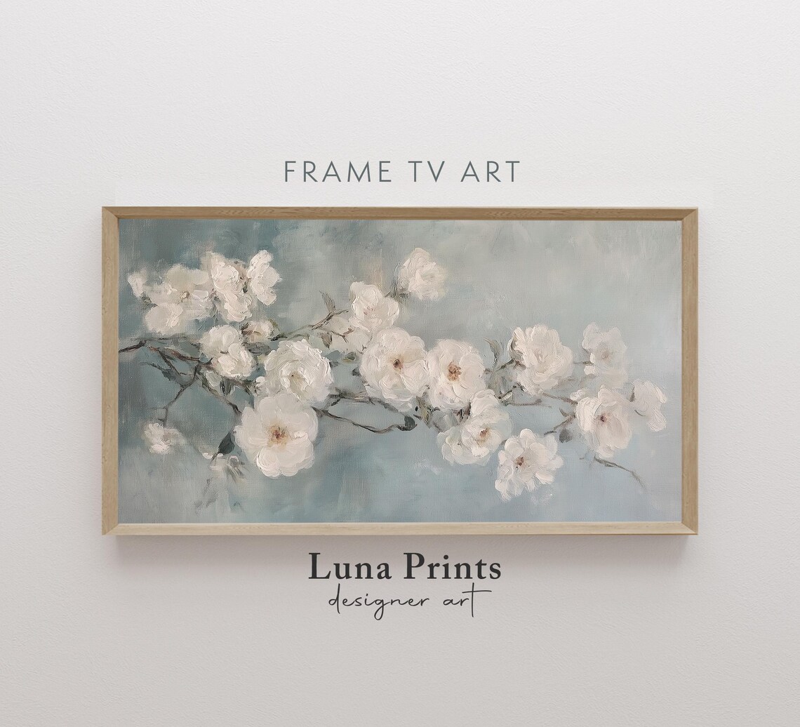Soft White Blossoms Vintage Floral Oil Painting Frame TV Art Poster