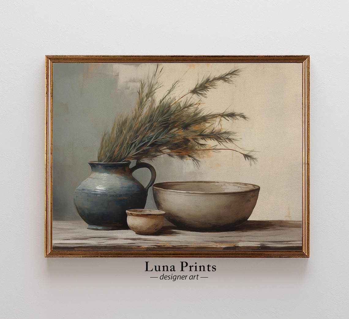 Vintage Ceramic Jug with Dried Grasses Still Life Painting Wall Art