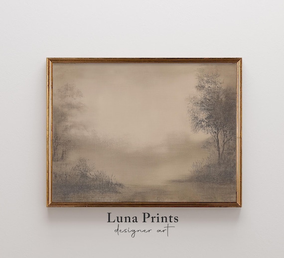 Muted Misty Landscape Painting, Neutral Art Print