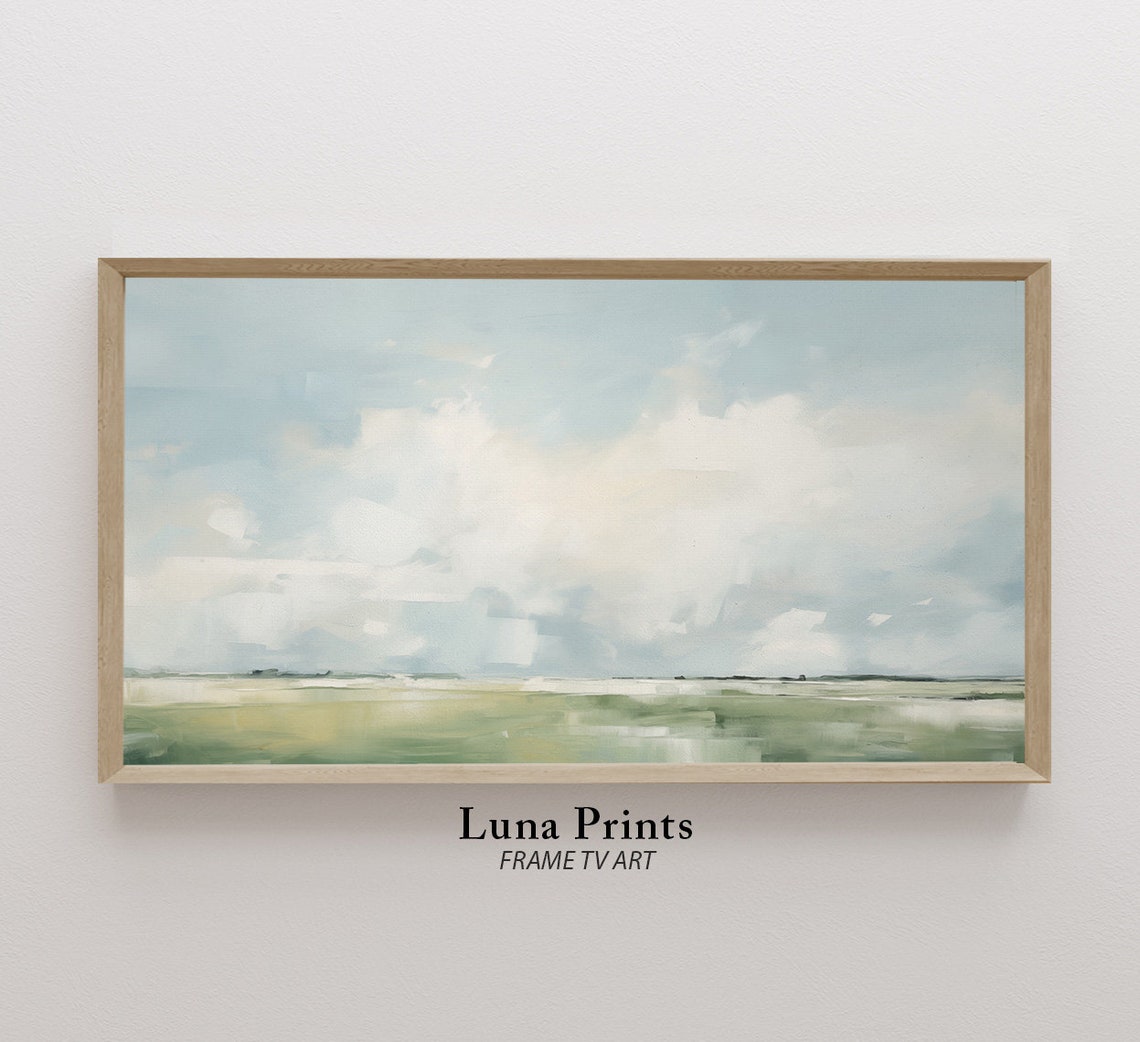 Cloudy Blue Sky Over Green Fields Minimalist Landscape Wall Art