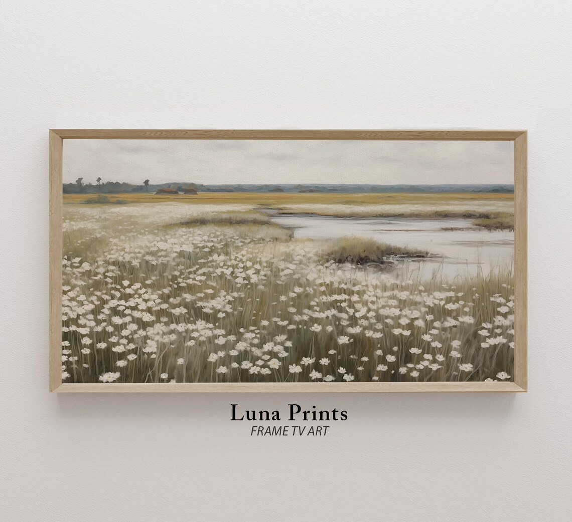 White Wildflower Meadow Vintage Landscape Painting Spring River Poster