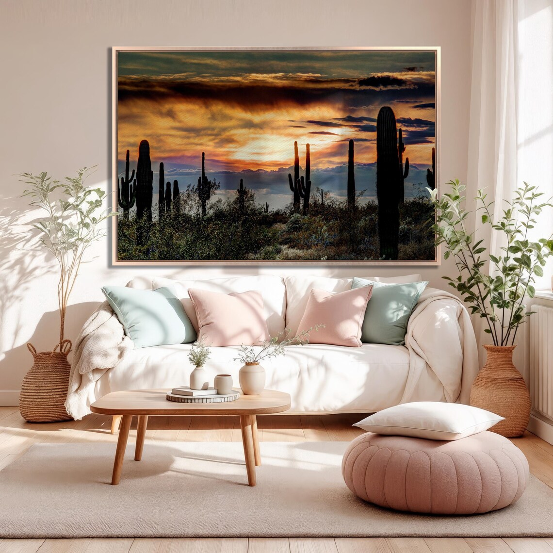 Sonoran Desert Saguaro Cactus Fiery Sunset Silhouette Large Wall Art - Image 2