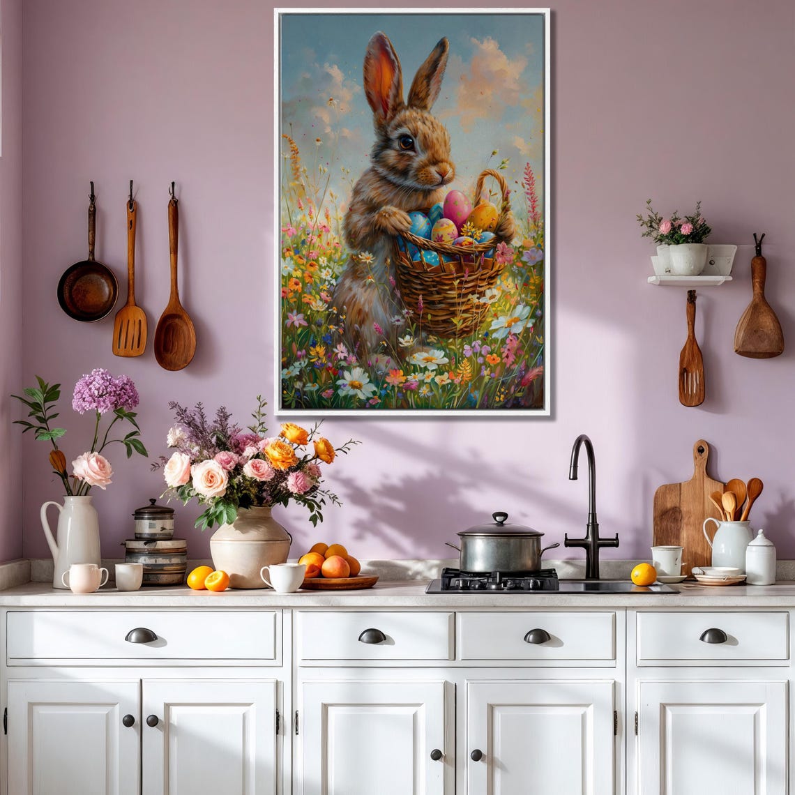 Bunny Holding Easter Egg Basket In Spring Meadow Painting Poster - Image 6