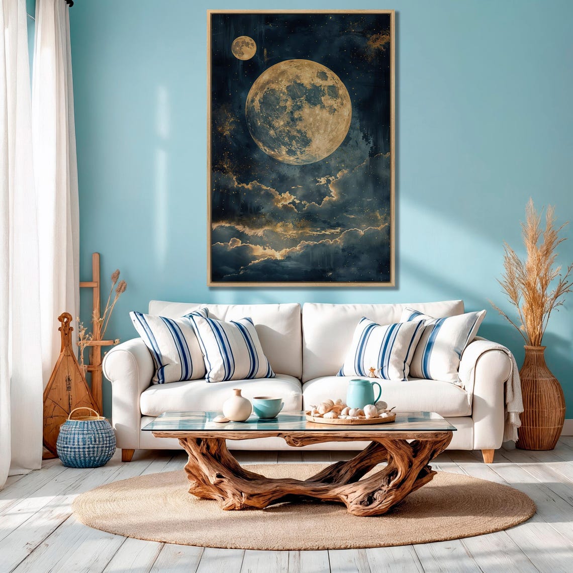 Golden Moonlight Dreamscape Wall Art Starry Night Prints Clouds Painting Print Mystical Poster Lunar Surface Decor Ready To Hang - Image 4