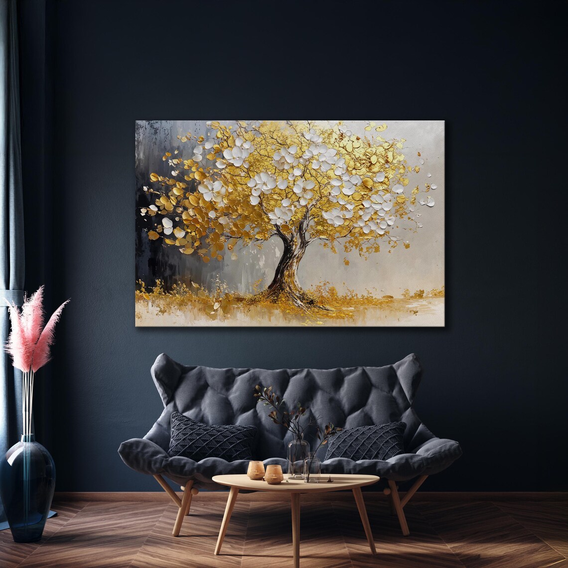 Golden Tree Of Life Painting Gold White Leaves Gray Art Poster - Image 4