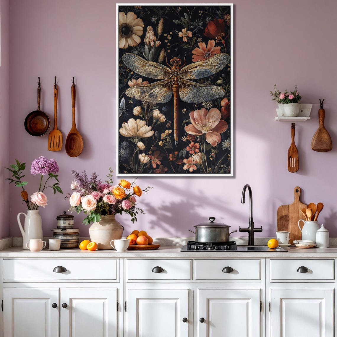 Golden Dragonfly Among Vintage Blooms On Black Floral Poster - Image 3