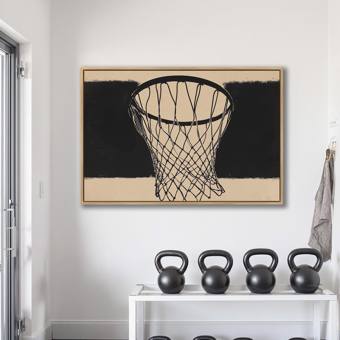 Minimalist Basketball Hoop Net In Bold Black On Warm Beige Wall Art - Image 2