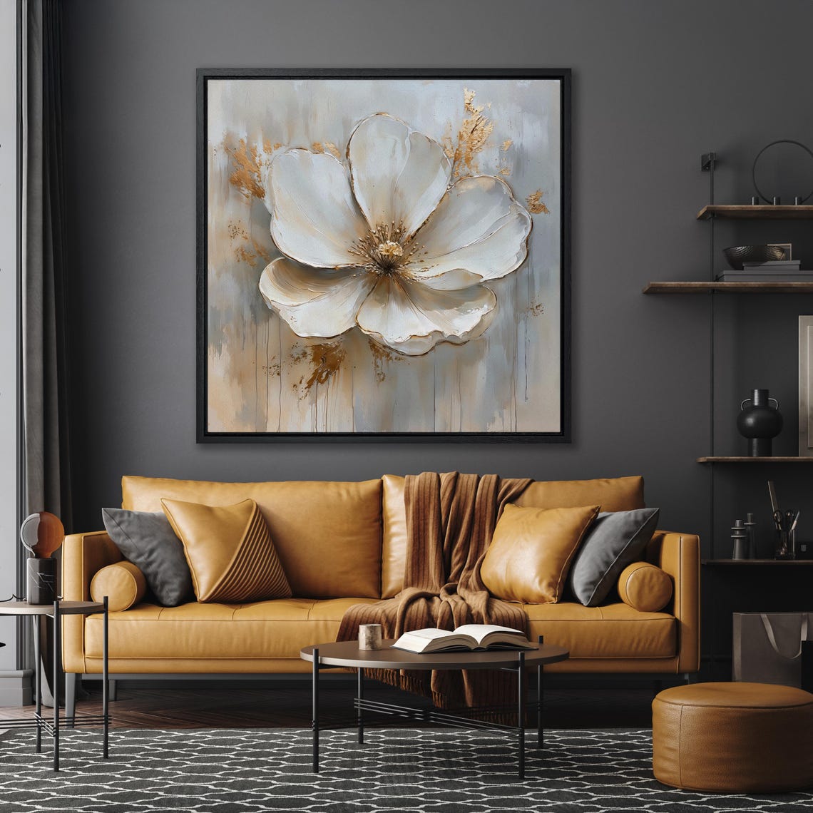 White Blossom With Gold Accents On Gray Impasto Painting Poster - Image 3