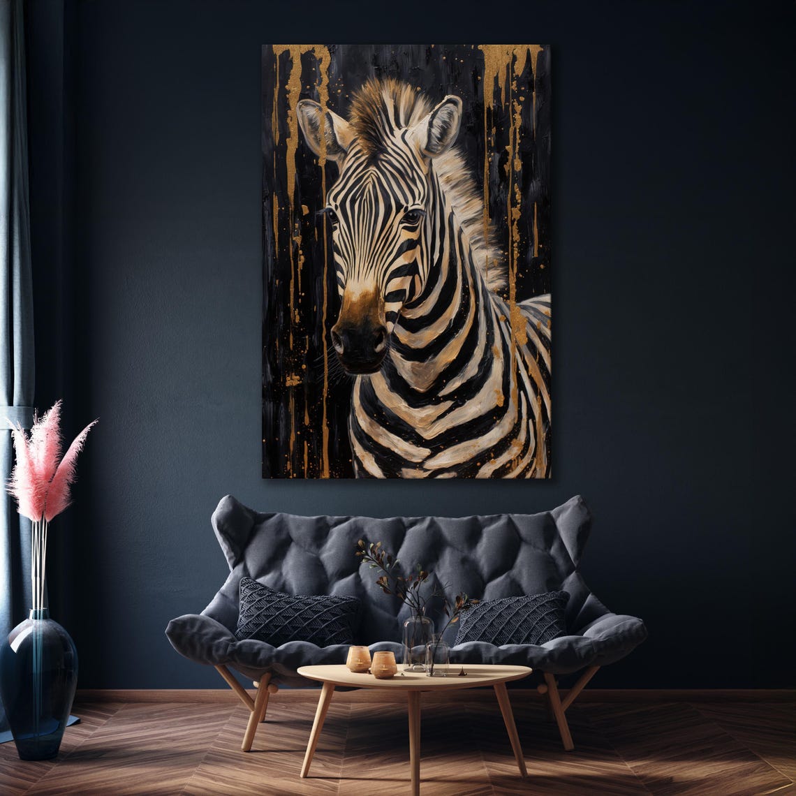 Zebra Portrait Gold Paint Drips On Black Safari Animal Wall Art - Image 3