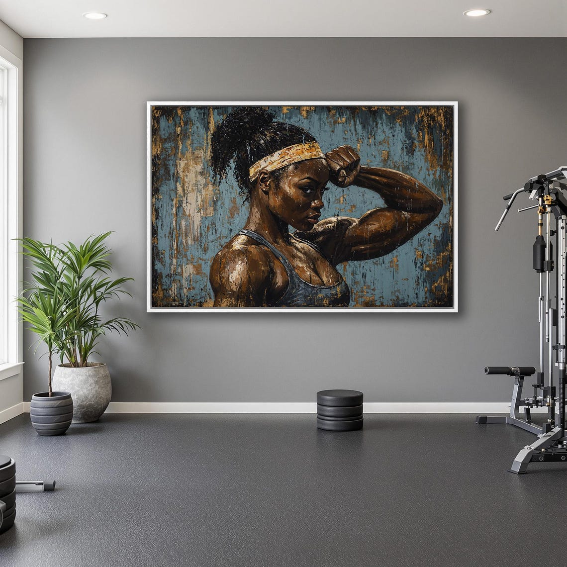 Black Female Bodybuilder Flexing Bicep Wearing Headband Poster - Image 5