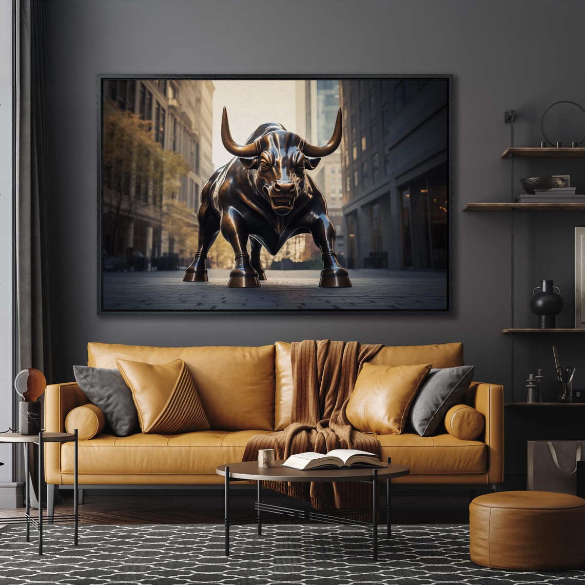 Charging Bull Statue City Street Financial Power Decor Wall Art - Image 5