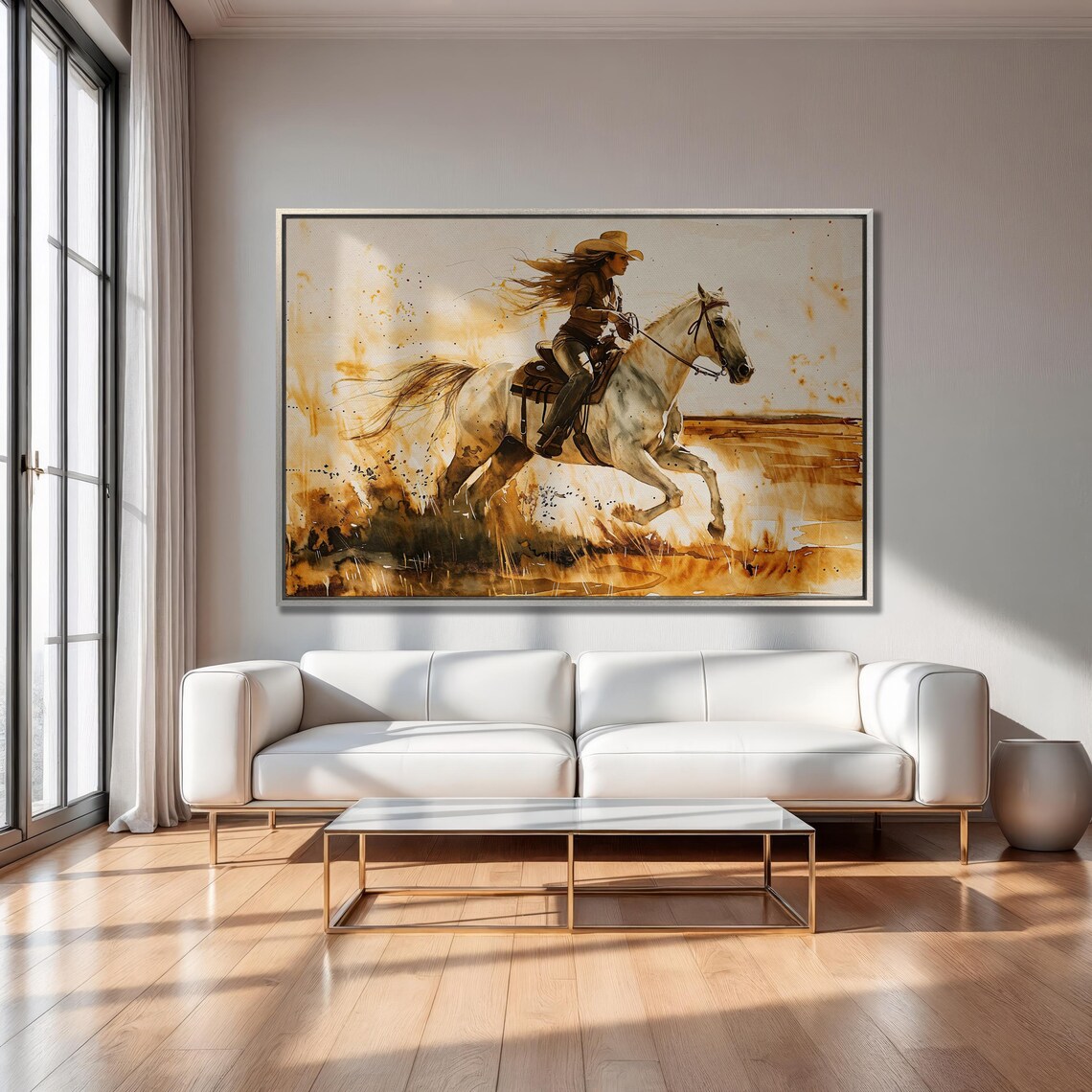 Cowgirl Galloping White Horse Across Prairie Watercolor Poster - Image 5