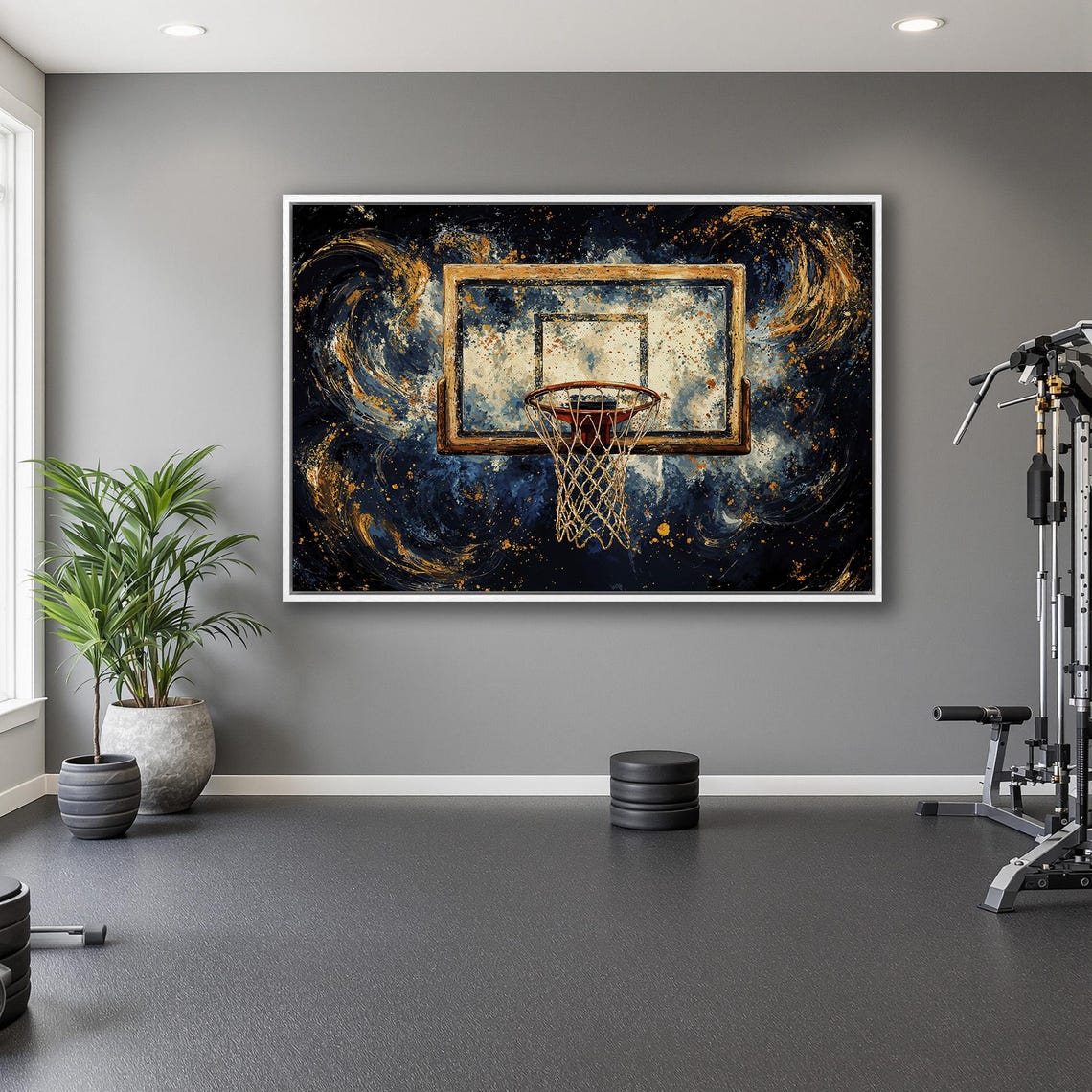 Rustic Gold Basketball Backboard on Cosmic Navy Swirl Sports Poster - Image 5