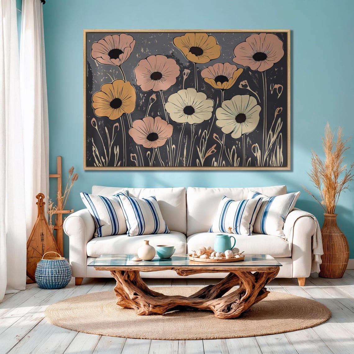 Modern Retro Poppy Blooms In Coral Gold On Black Floral Poster - Image 4