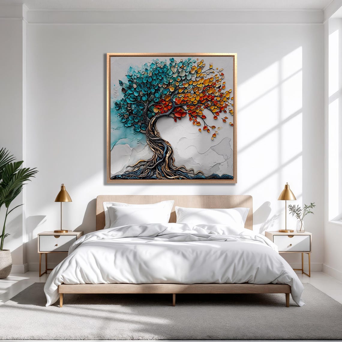 Tree of Life Teal Orange Leaves 3D Impasto Textured Painting Poster - Image 6