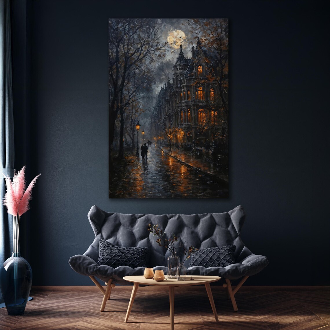 Foggy Moody Victorian Street At Night Rain Lit Windows Art Poster - Image 4