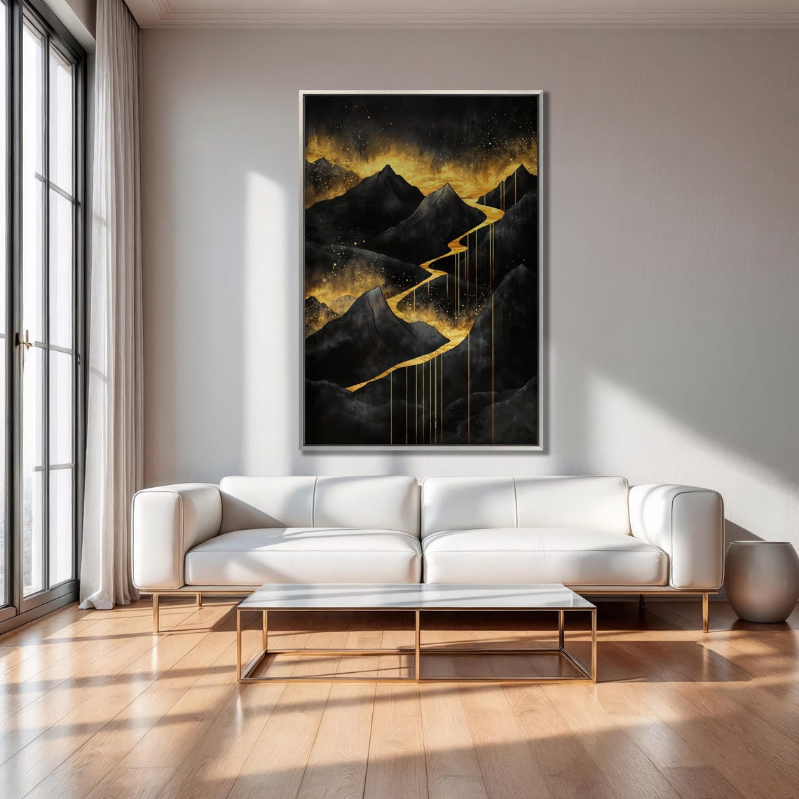 Dramatic Dark Mountains with Winding Golden River Landscape Poster - Image 5
