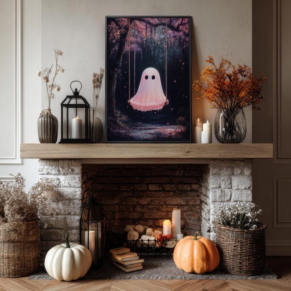 Pink Ghost on Swing Moonlit Cherry Blossom Forest Halloween Poster