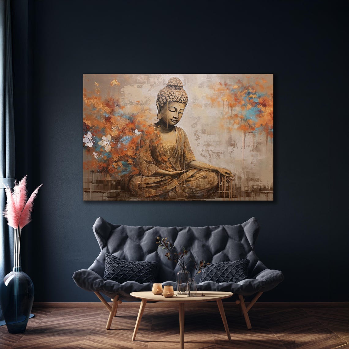 Serene Meditating Buddha Gold Teal Abstract Oil Painting Poster - Image 4