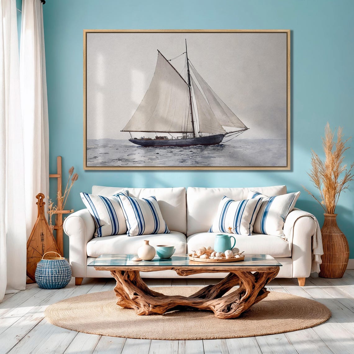Sailing Ship Watercolor Framed Print Nautical Bedroom Decor Large Wall Art Maritime Artwork Ready To Hang Boat Lovers Gift - Image 4