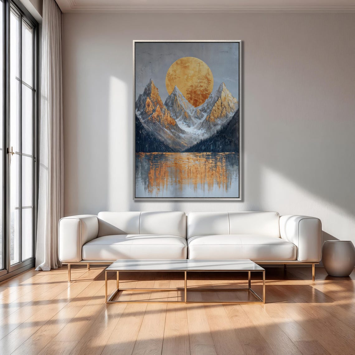 Golden Sunrise Behind Three Peaks Mountain Lake Reflection Poster - Image 2